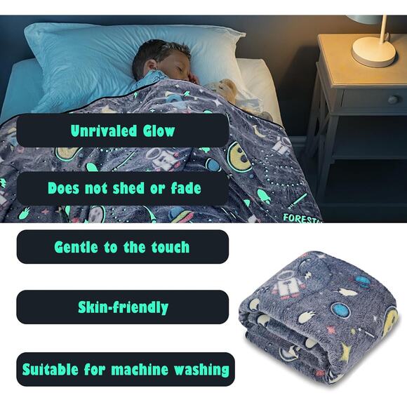 🔥Glow in The Dark Fleece Blanket Kids 50" x 60" Star Design Recharge w/ Light - Picture 3 of 7